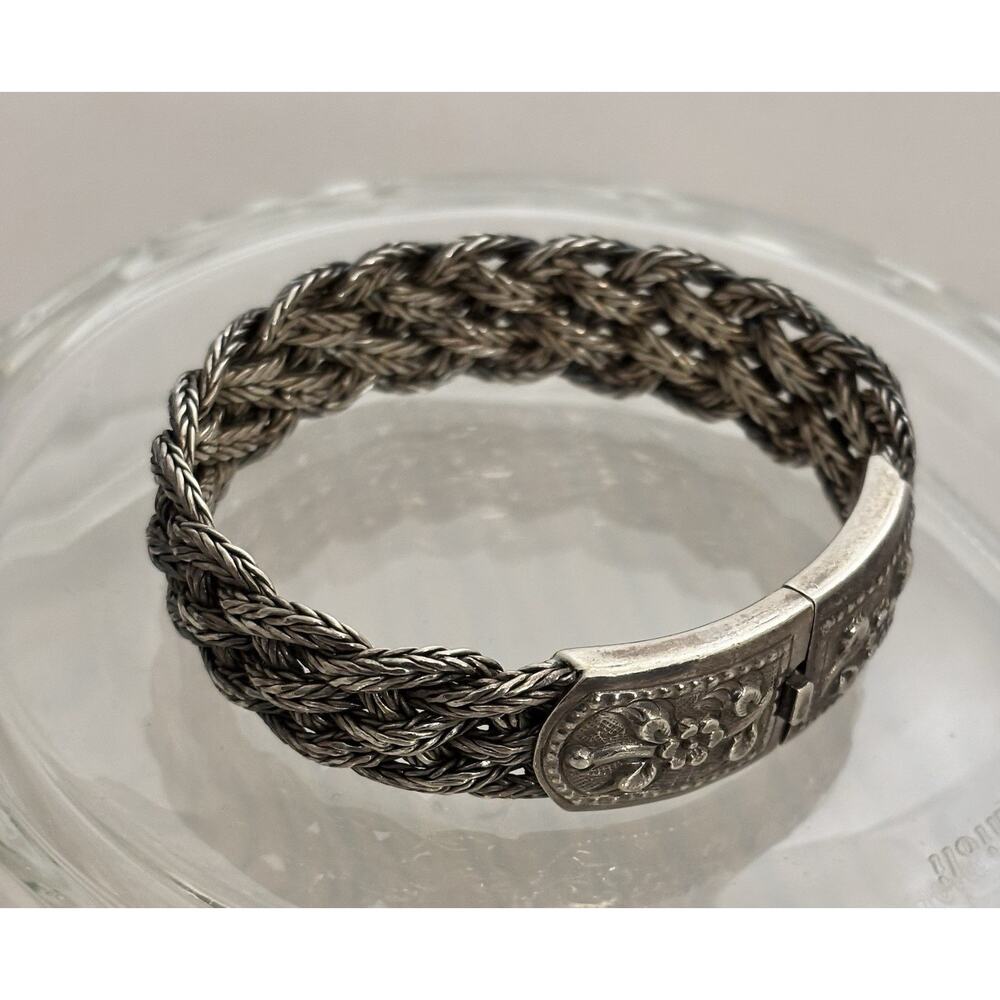 Vintage Sterling Silver Floral Clasp Braided 8” Bracelet 60g - Picture 6 of 7